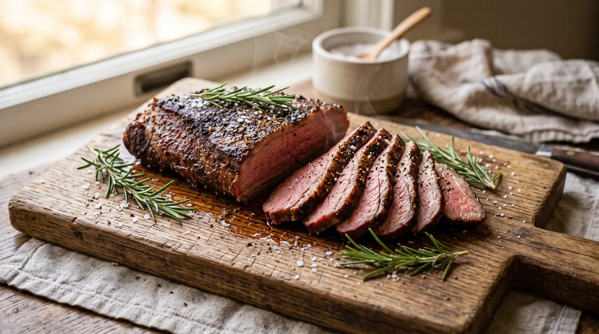 Smoked tri-tip sliced across the grain, medium-rare center with a dark bark